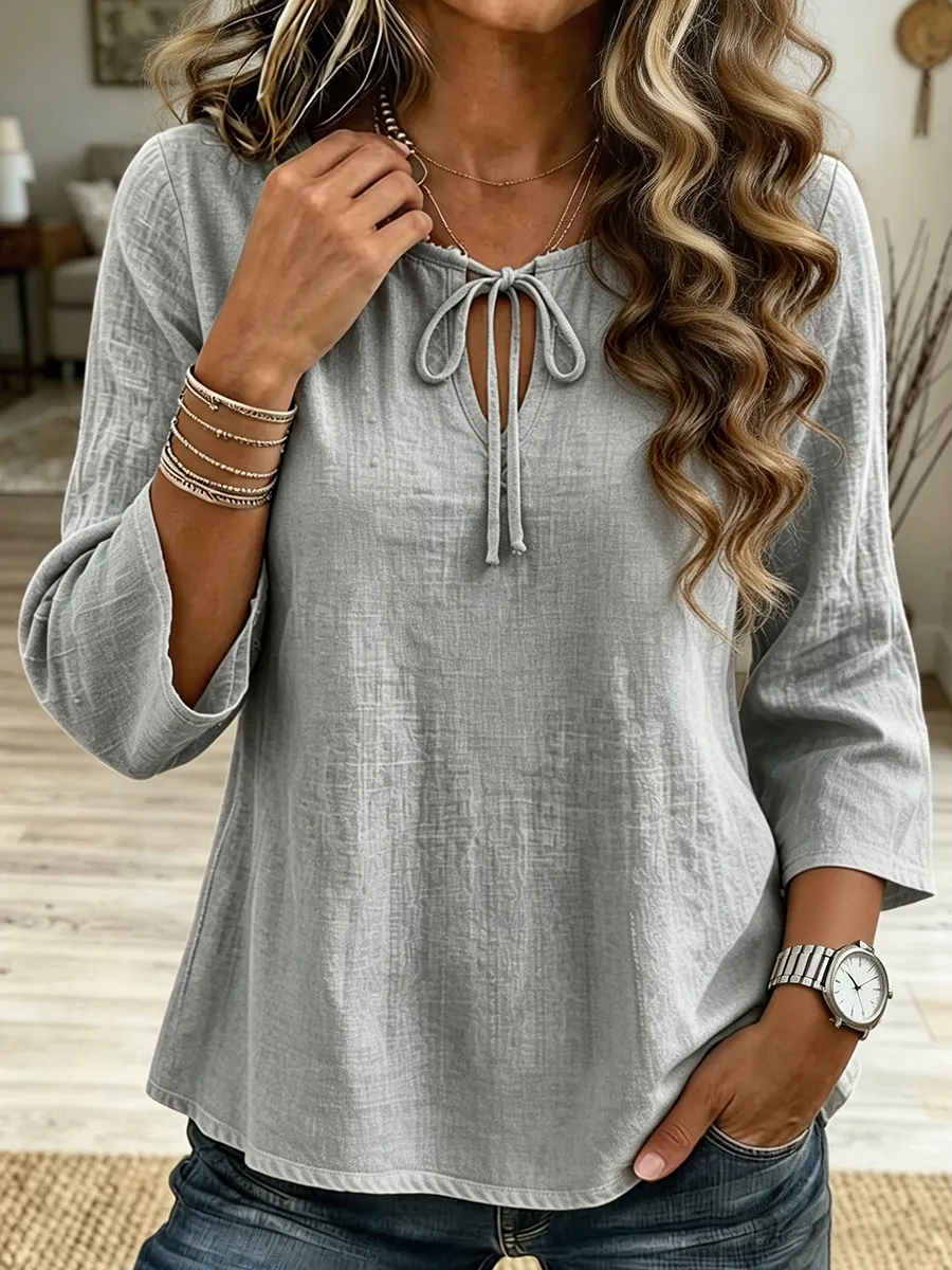 Women's Tie Neck Keyhole Linen Blend Casual Top