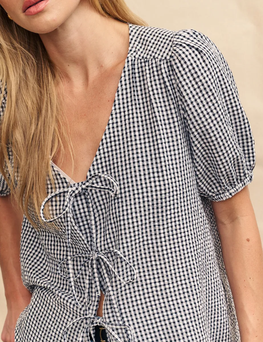 Black Gingham Tie Front Blouse