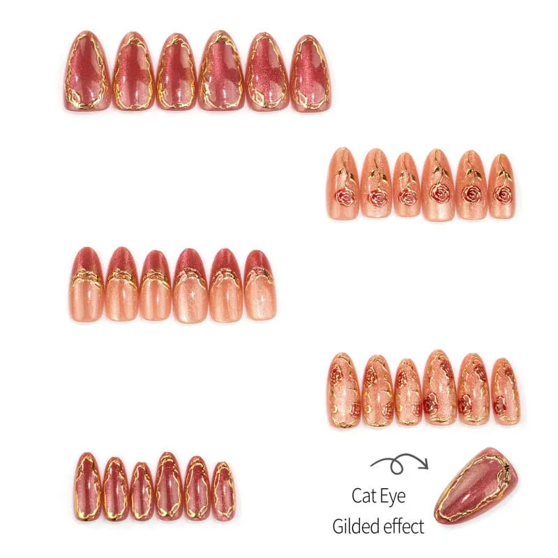 Nailhour 30Pcs Cat Eye Gilded Medium Almond French Press On Nails