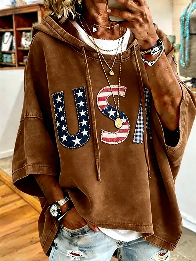 Patriotic Red USA Star Stripe Applique Oversized Hoodie