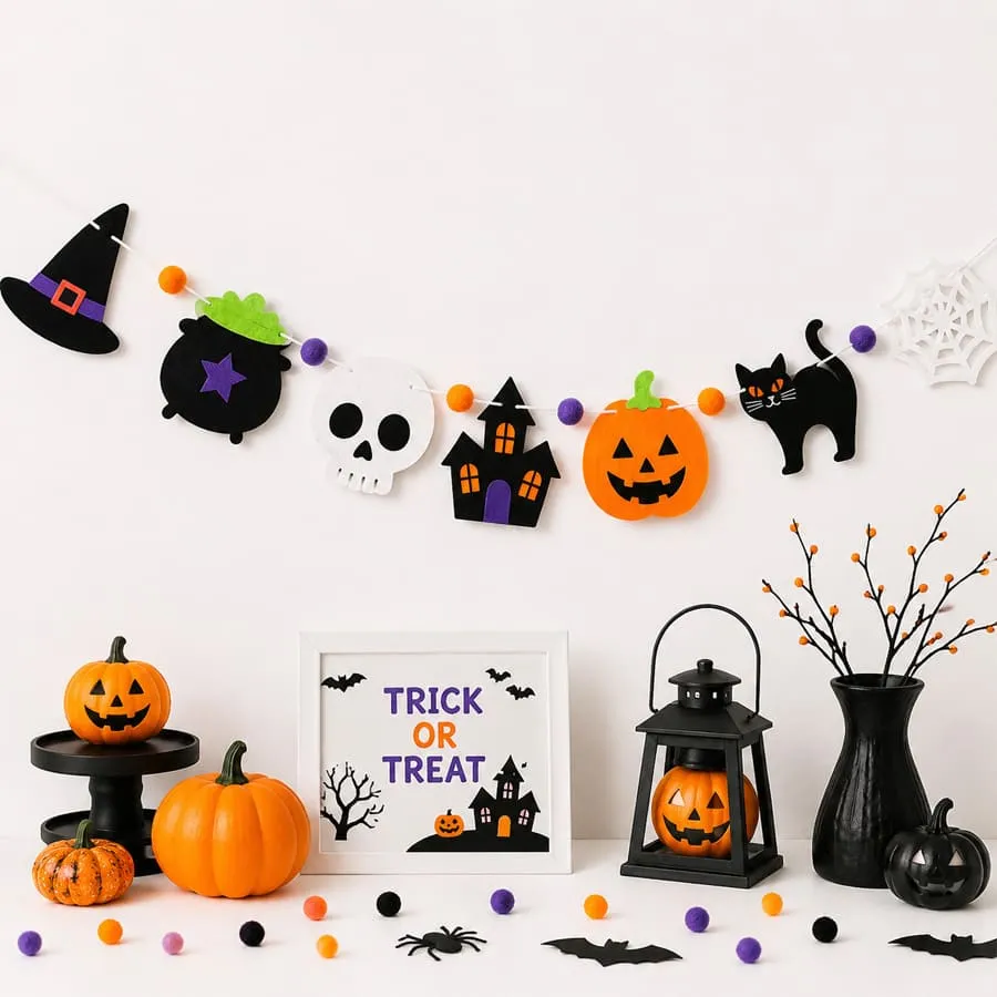 Halloween Pumpkin Skull Black Cat Witch Hat Party Banner（14 * 16 * 2CM）