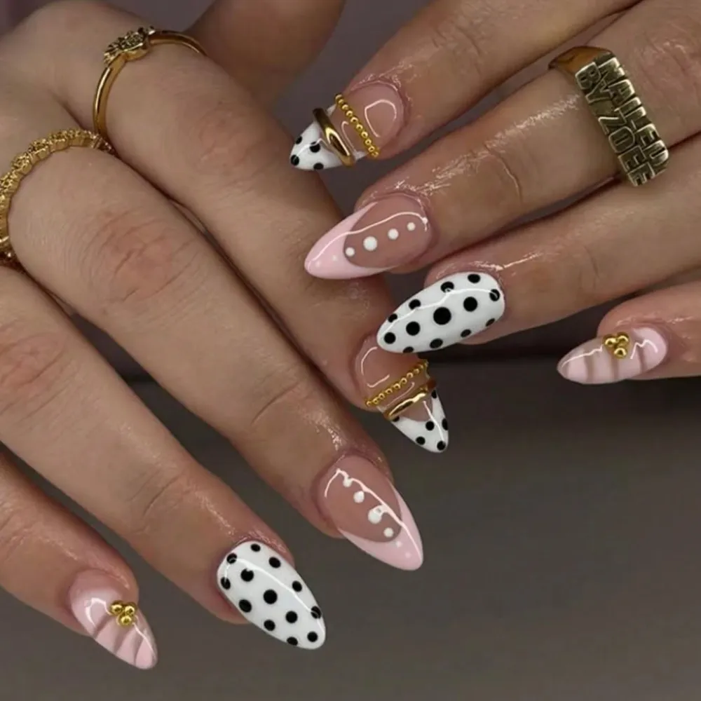 Nailhour 24pcs Polka Dots Almond French Multicolor Press On Nails