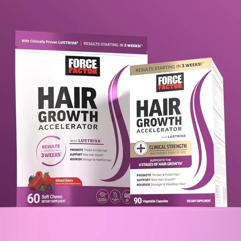 Force Factor Hair Growth Accelerator with Clinically Proven Lustriva to Promote Thicker, Stronger Hair, Biotin, Vitamin E & C, Mixed Berry, 60 Silicon