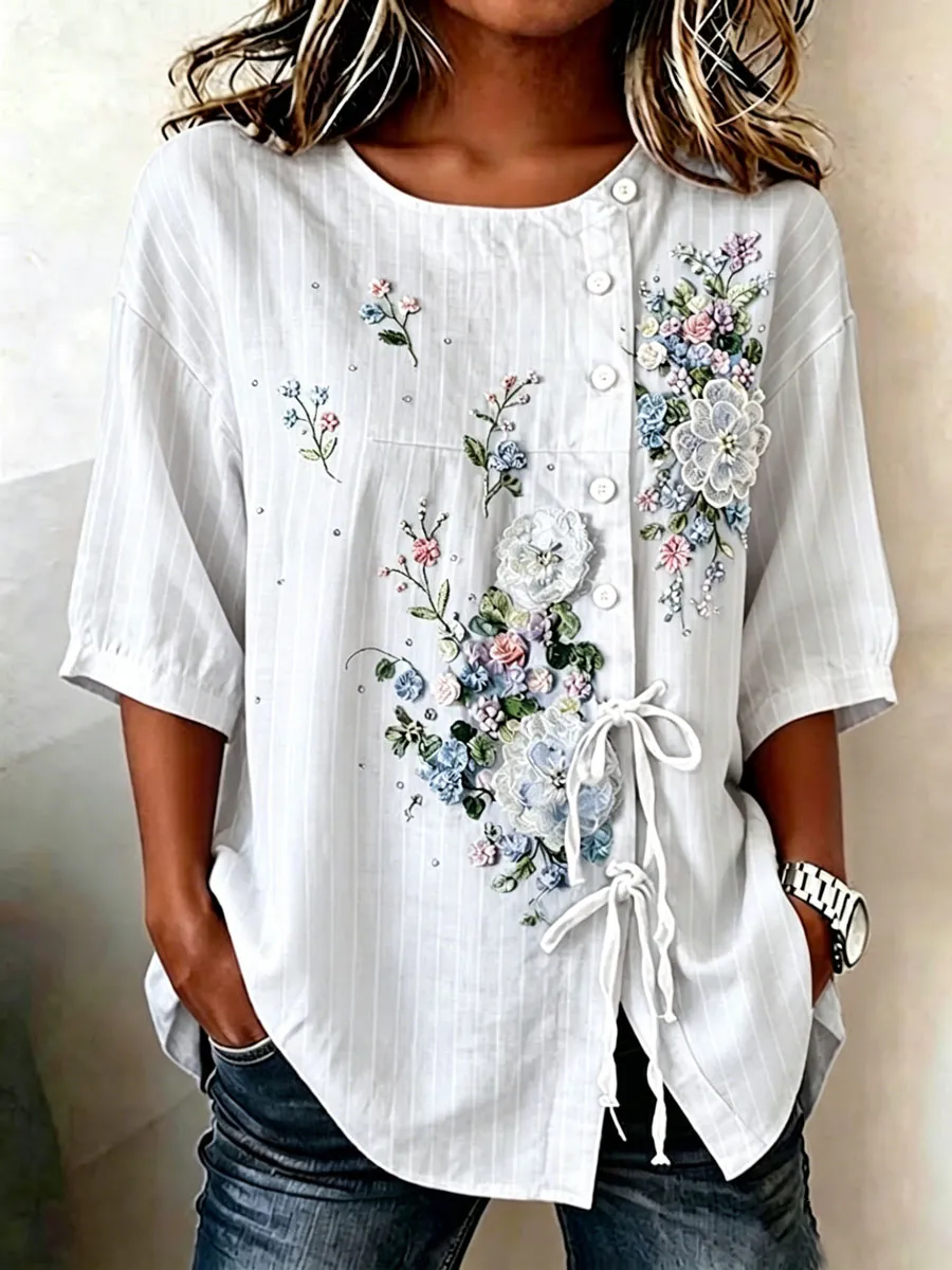 Women'S Casual Floral Print Cotton Linen Top