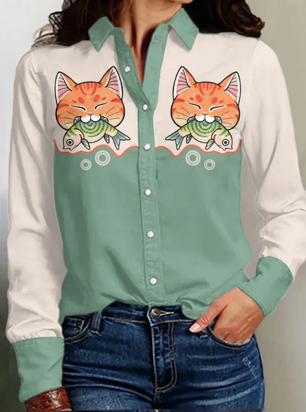 Women's Cat Eats Fish Print Western Long Sleeve Shirt