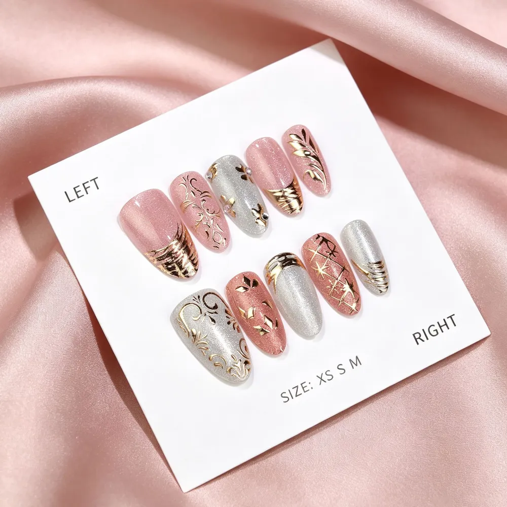 Nailhour 30Pcs French Glitter Floral Gilded Medium Almond Press On Nails