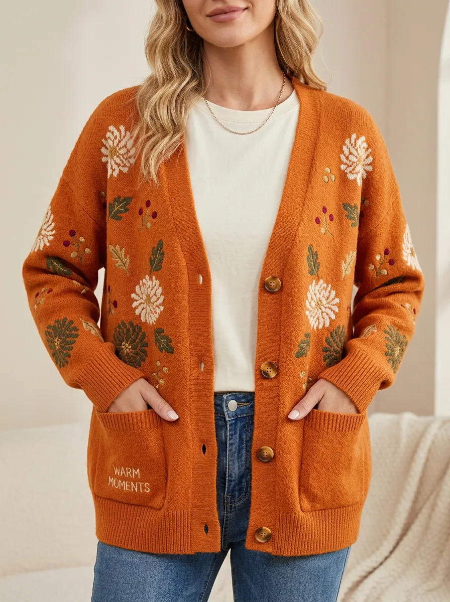 Floral  Rust Embroidered Women's Knit Cardigan