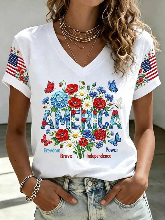 Women'S America Flag Floral Printed Casual T-Shirt