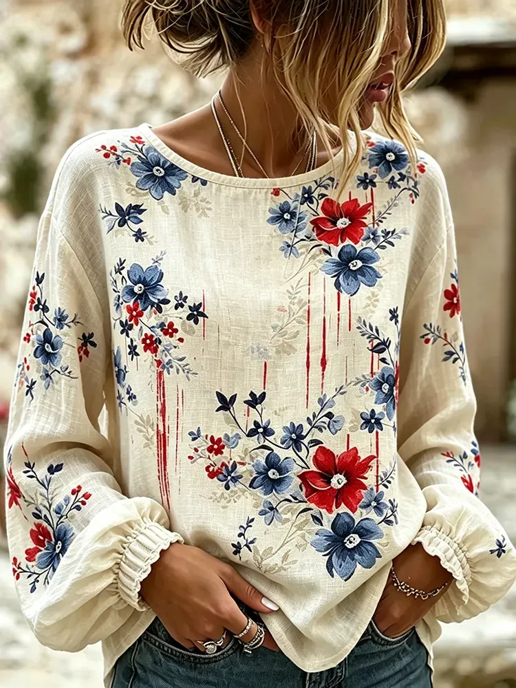 Women's casual Independence Day retro cotton and linen shirt