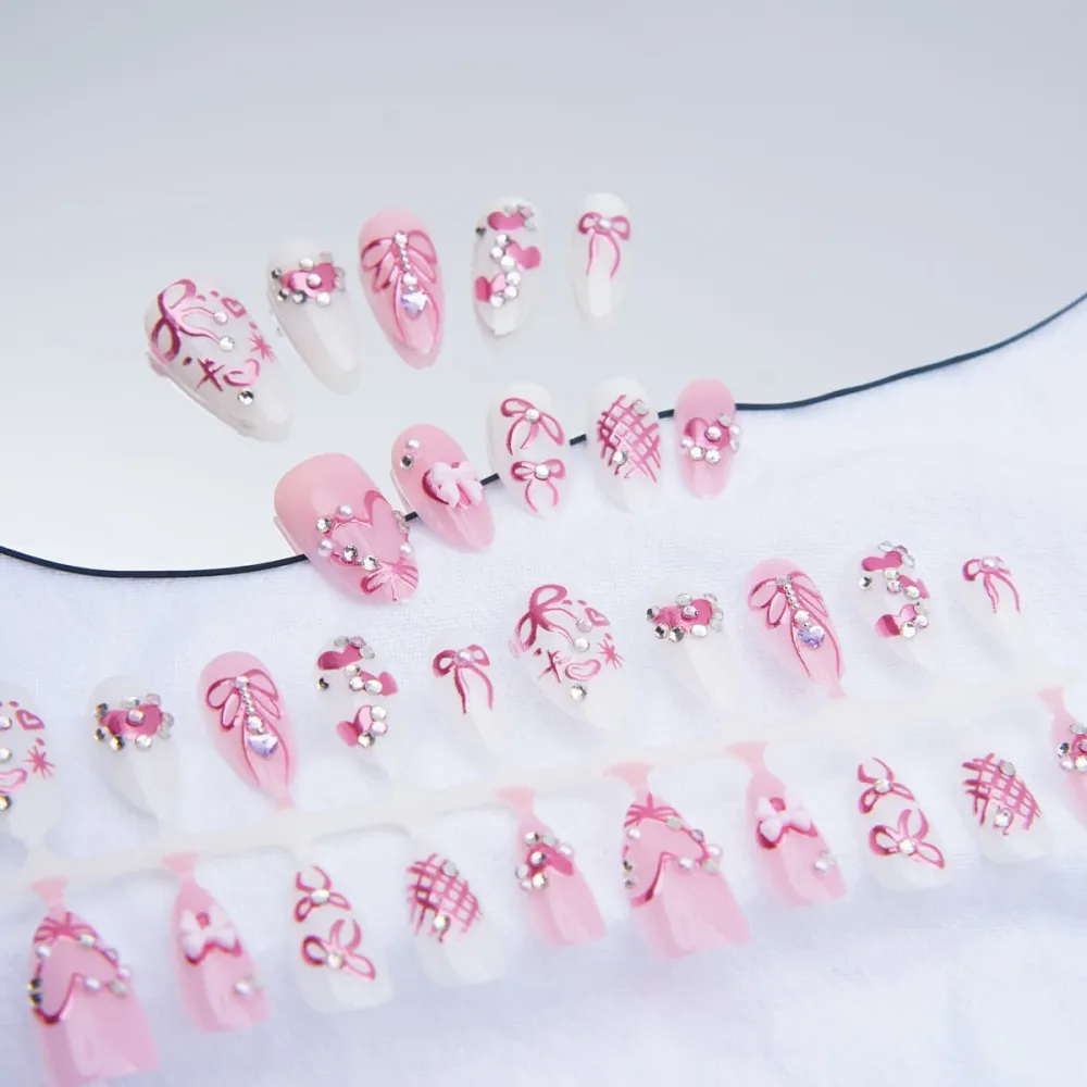 Nailhour 30Pcs Rhinestone 3D Medium Almond French Pink Press On Nails