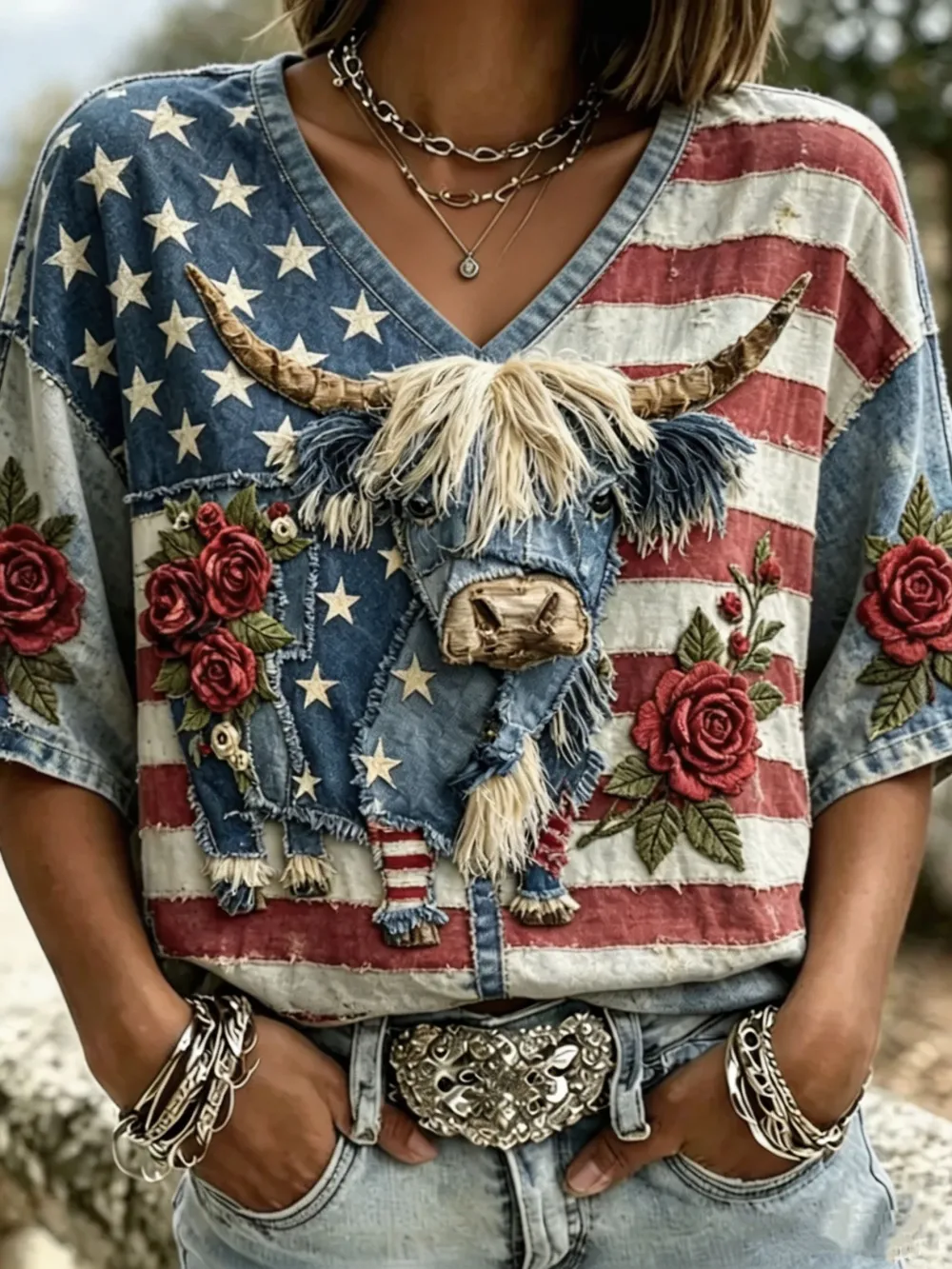 Women's Casual American 250th Anniversary Highland Cattle Print Top