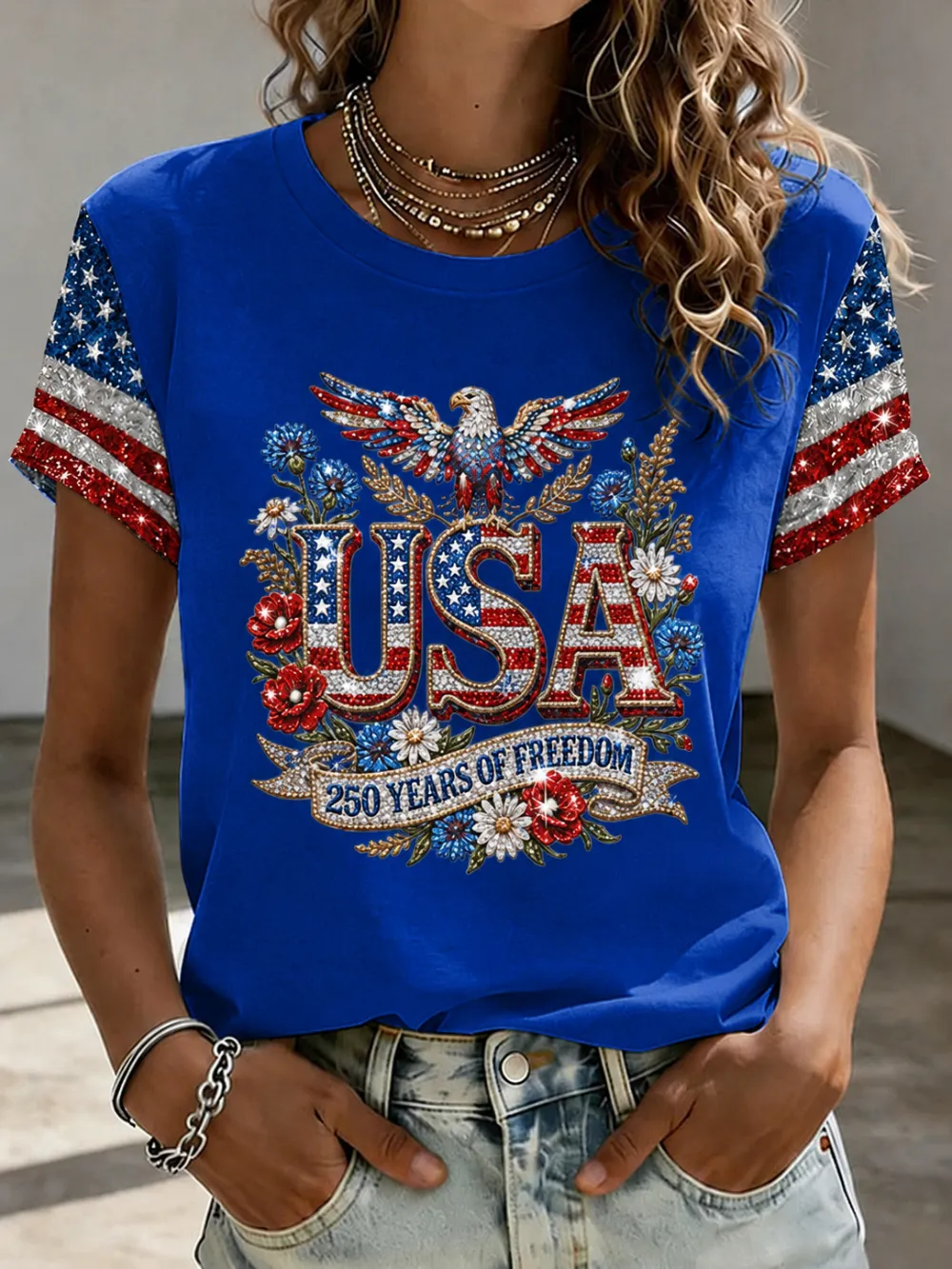 Women'S American Independence Day 250Th Anniversary Printed Short Sleeved T-Shirt
