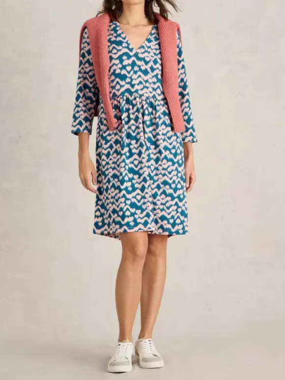 Jersey Knee Length Dress In Teal Print