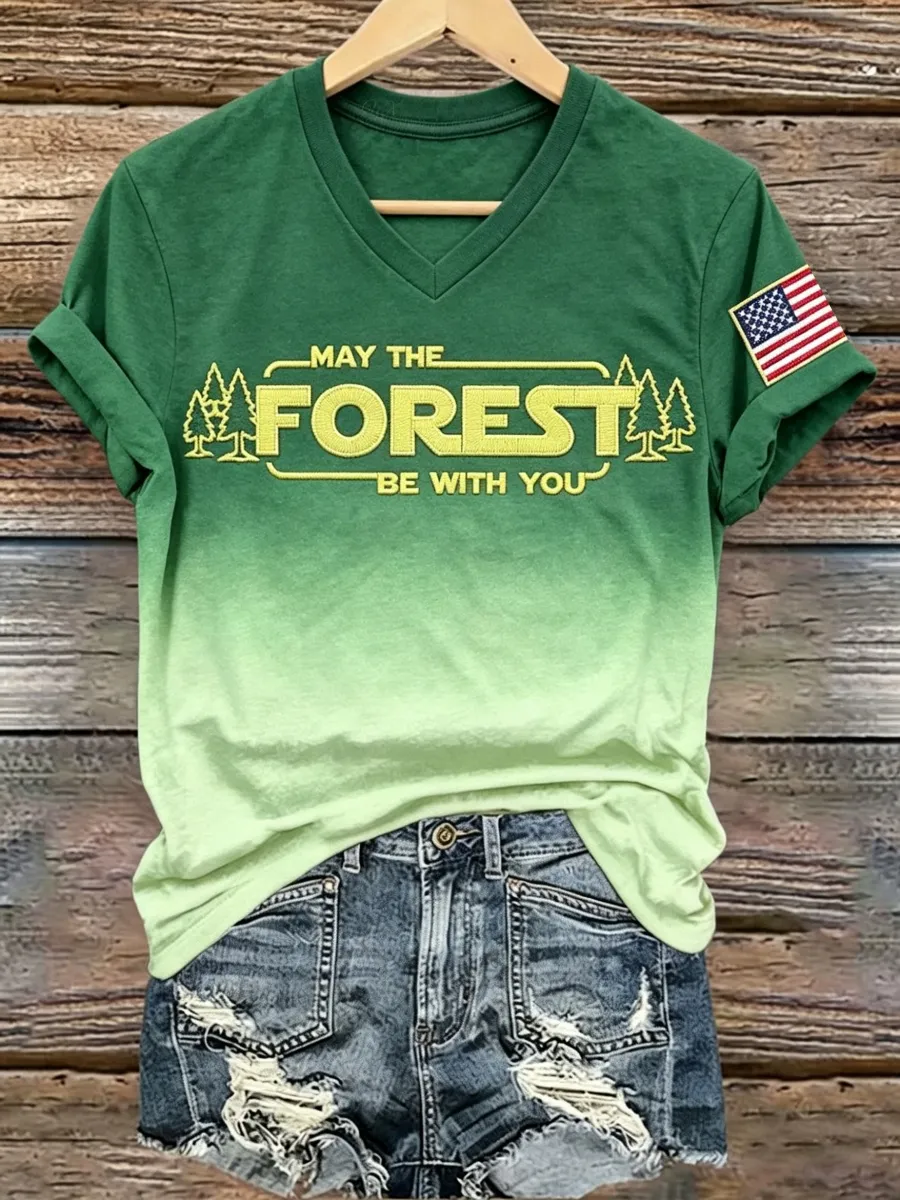 May The Forest Be With You Print Women's V Neck T-Shirt