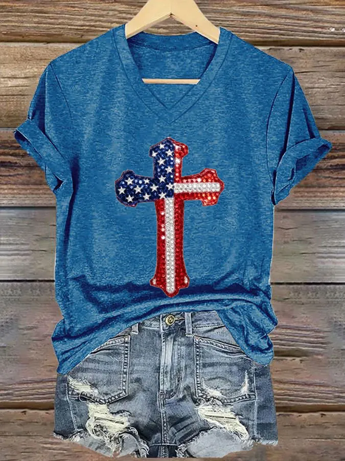Women'S America Flag Cross Print Casual V-Neck T-Shirt