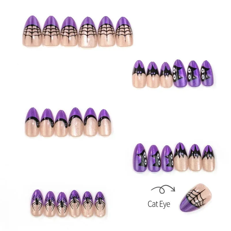 Nailhour 30Pcs French Cat Eye Short Almond Purple Cat Spider Halloween Press On Nails