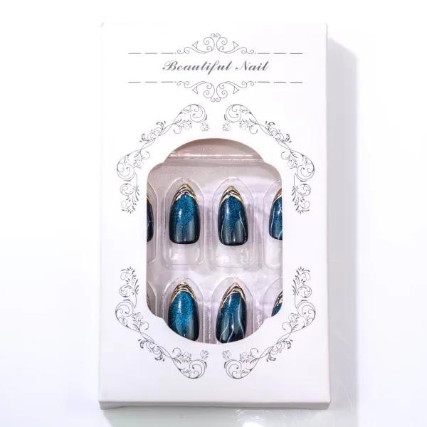 Nailhour 30Pcs Blue Cat Eye Medium Almond Press On Nails