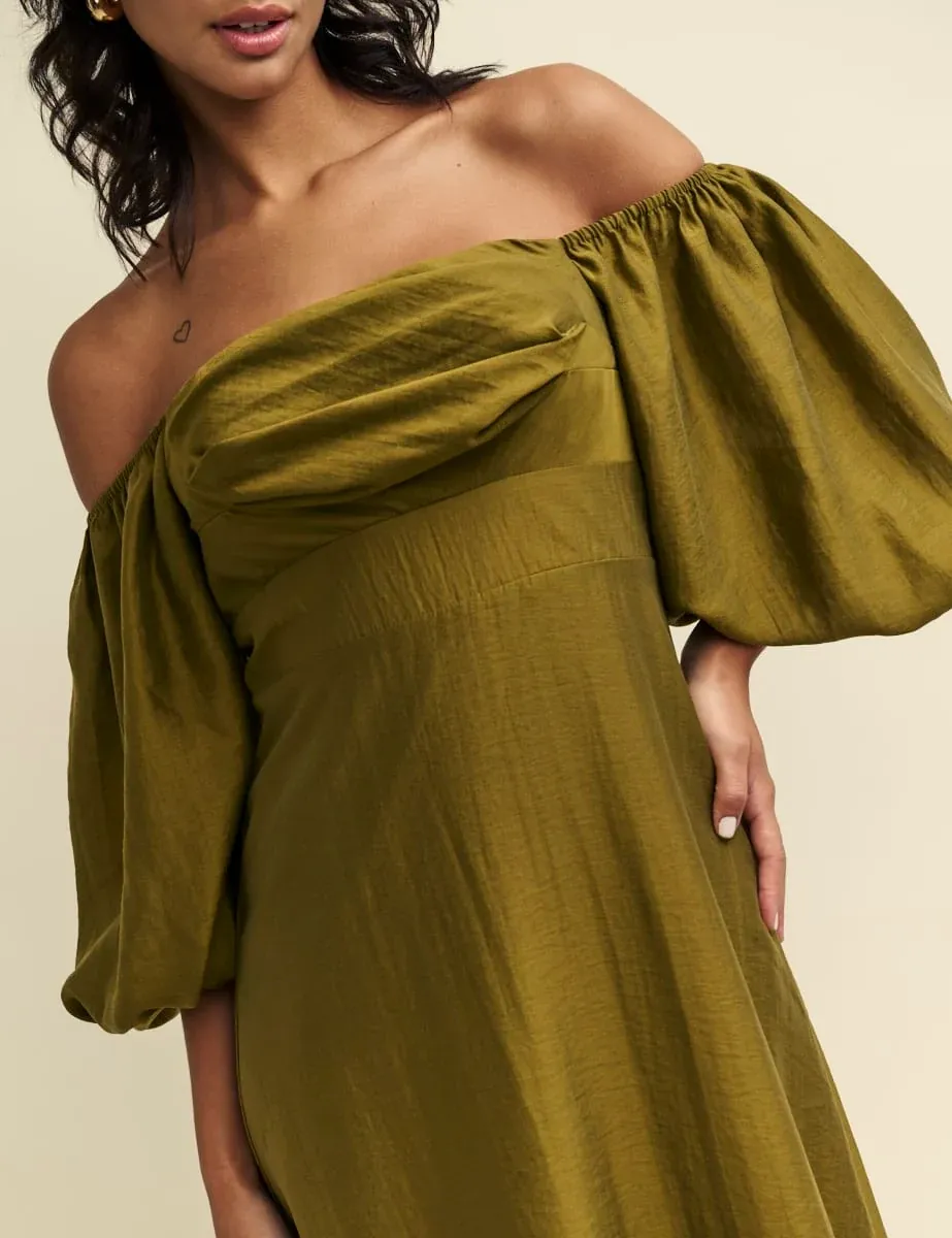Olive Green Satin Puff Sleeve Maxi Dress