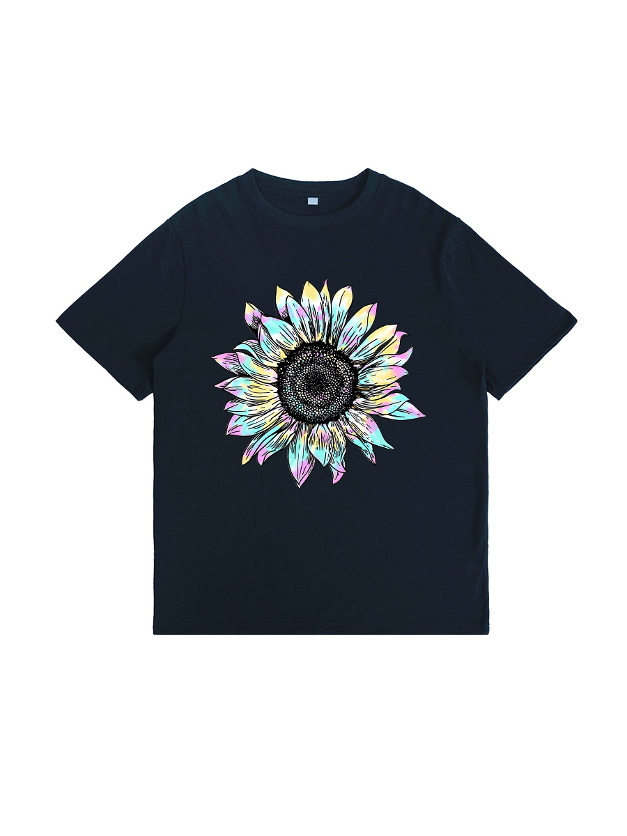 Cyan, Magenta And Yellow Sunflower Design On Premium T-Shirt