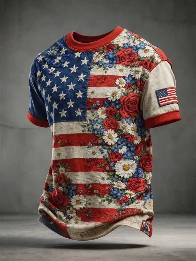 Men's casual American 250th anniversary printed round neck short sleeved T-shirt