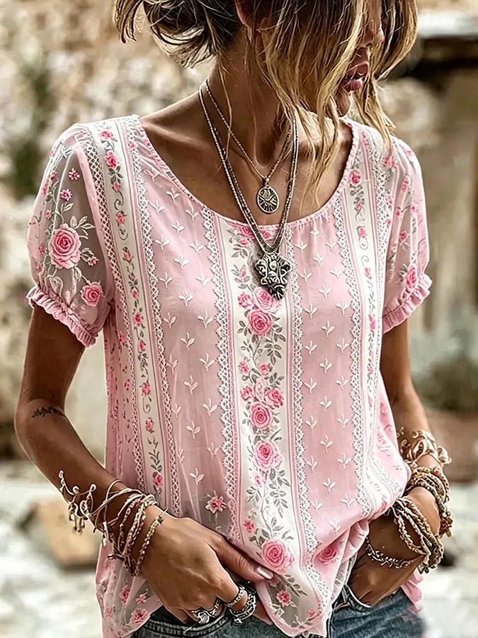 Women's Boho Floral Patchwork Embroidered Puff Sleeve Top