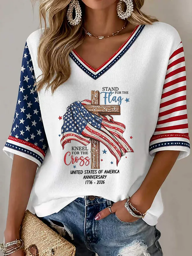 Women's American Flag Printed Casual Waffle Long Sleeve T-shirt