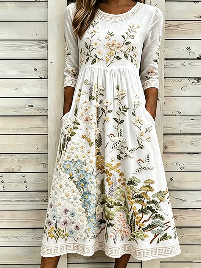 Vintage Floral & Birds Art Cozy Linen Maxi Dress