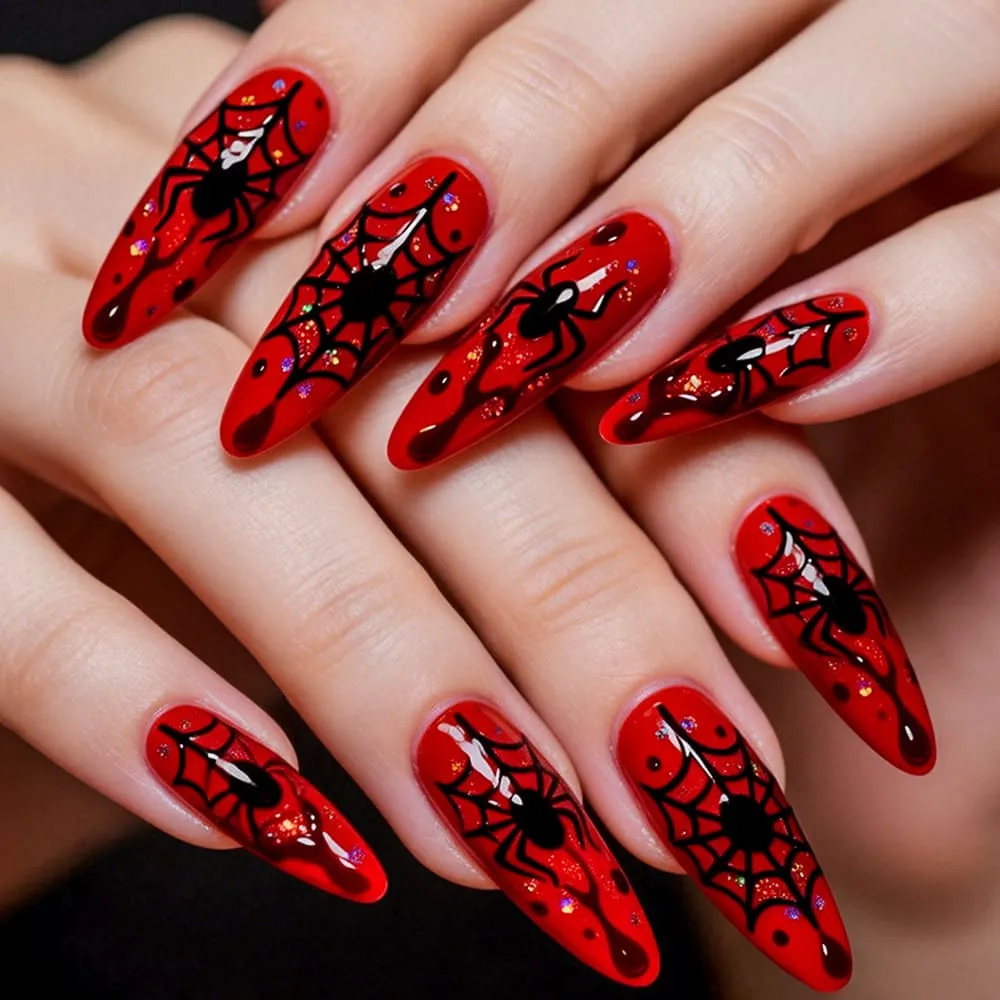 Nailhour 24Pcs Halloween Red Spider Web Medium Almond Press On Nails