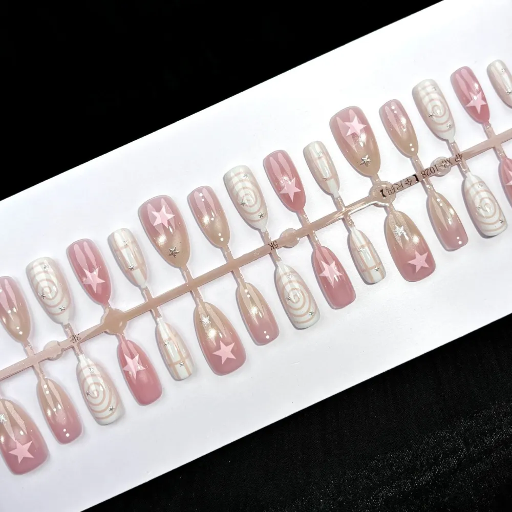 Nailhour 30Pcs Pink Gradient 3D Medium Almond French Press On Nails