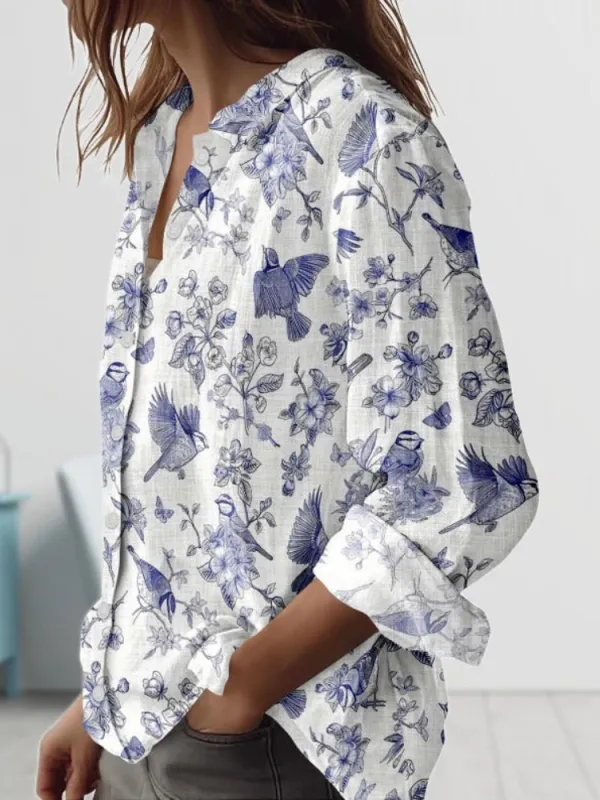 Retro Bird Print Long Sleeve Shirt