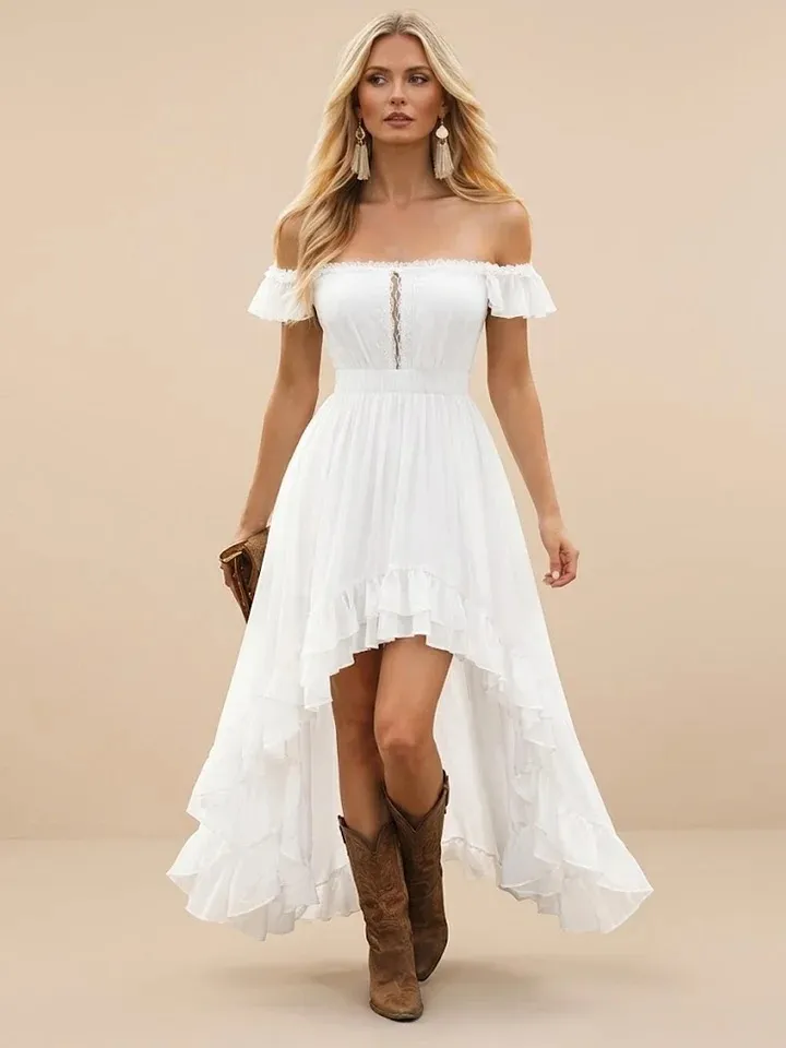 Bohemian White High-Low Dress _ Western Style Fashionable Romantic Off -  rodeospirit