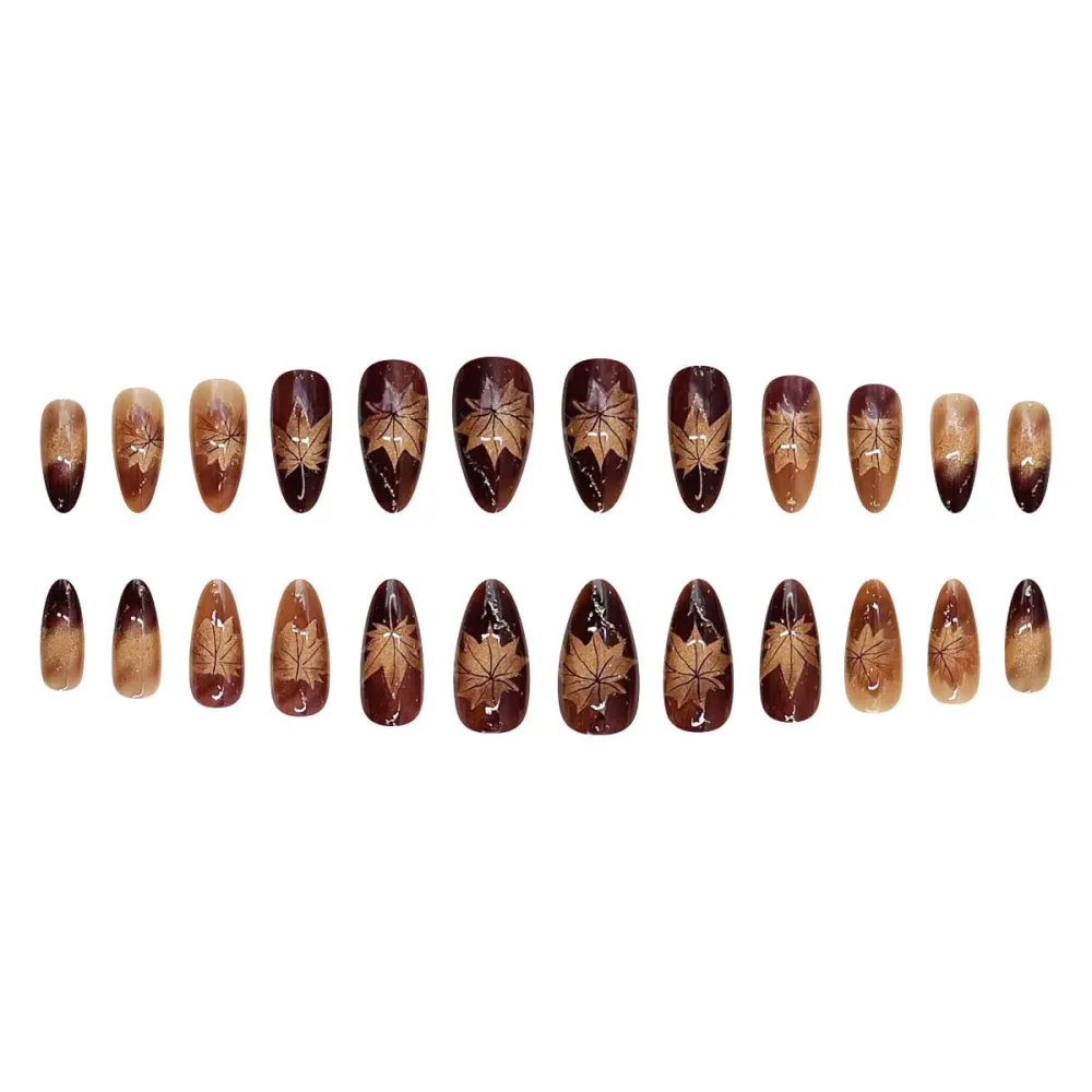 Nailhour 24Pcs Thanksgiving Brown Gradient Medium Almond French Press On Nails