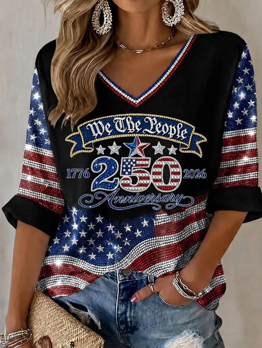 Women'S Retro Independence Day Art Printed Casual T-Shirt