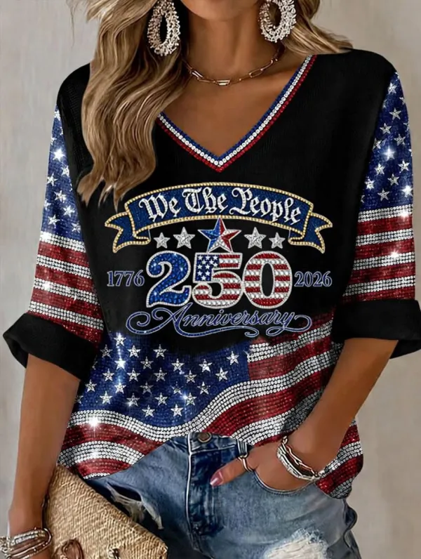 Women'S Retro Independence Day Art Printed Casual T-Shirt