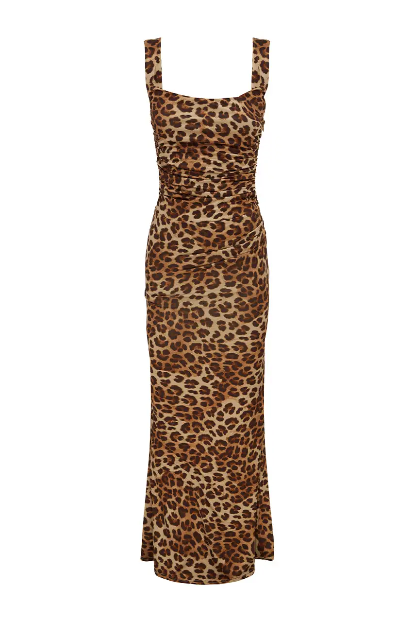 Straight Neck Leopard Print Maxi Dress
