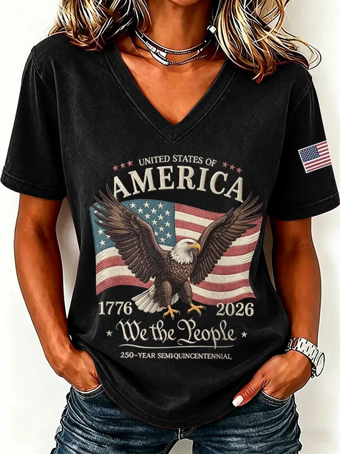 Women'S America Flag Print Casual V-Neck T-Shirt