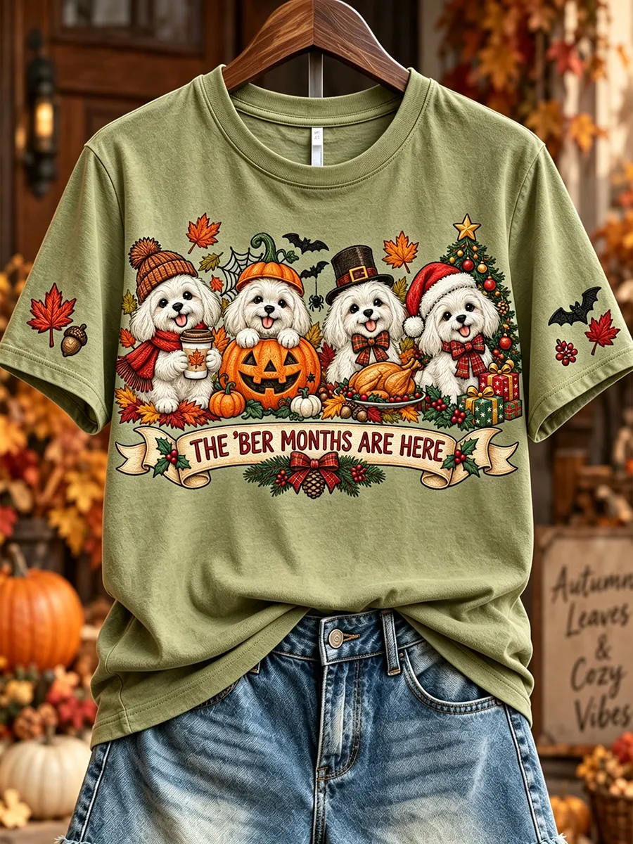 Women'S Vintage The 'Ber Months Are Here Maltese Print Short-Sleeved T-Shirt