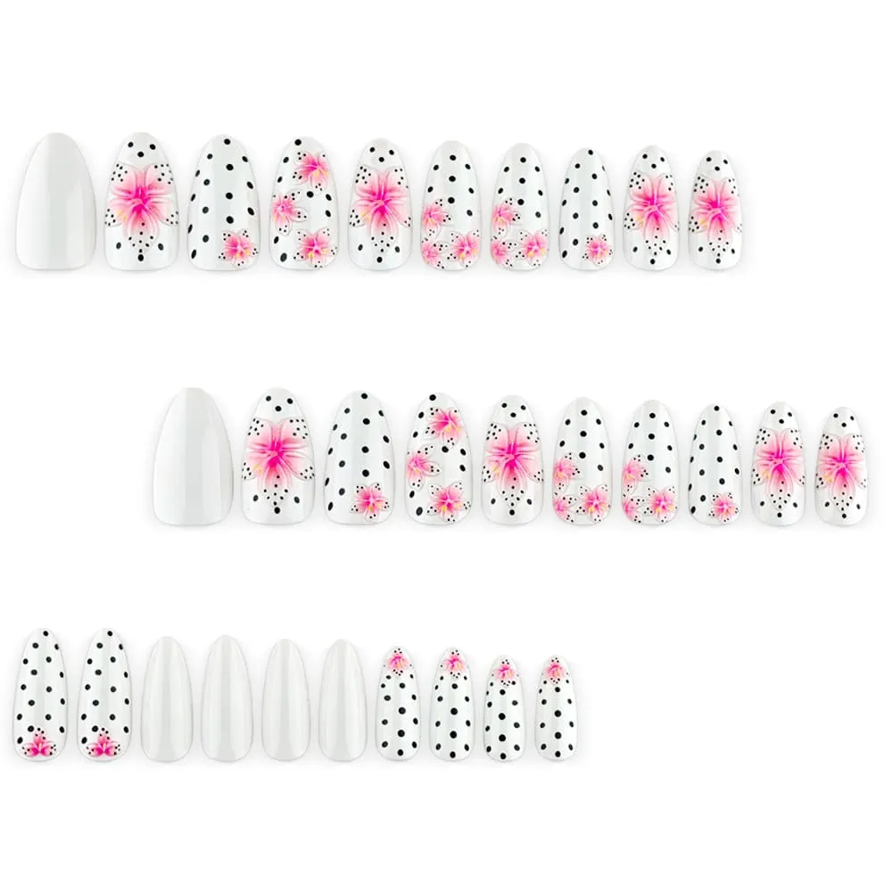 Nailhour 30Pcs Floral Polka Dot Medium Almond French Press On Nails
