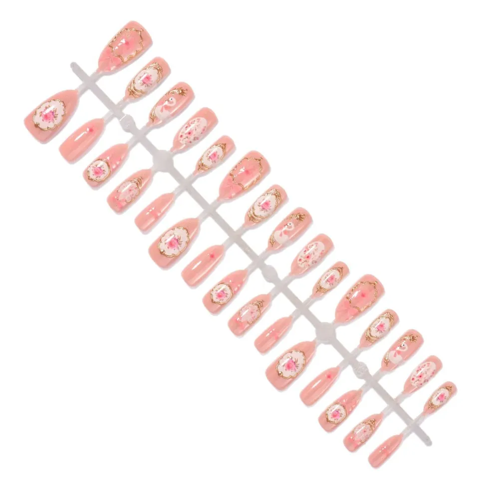 Nailhour 30Pcs Floral 3D Gilded Medium Almond Cat Eye French Press On Nails