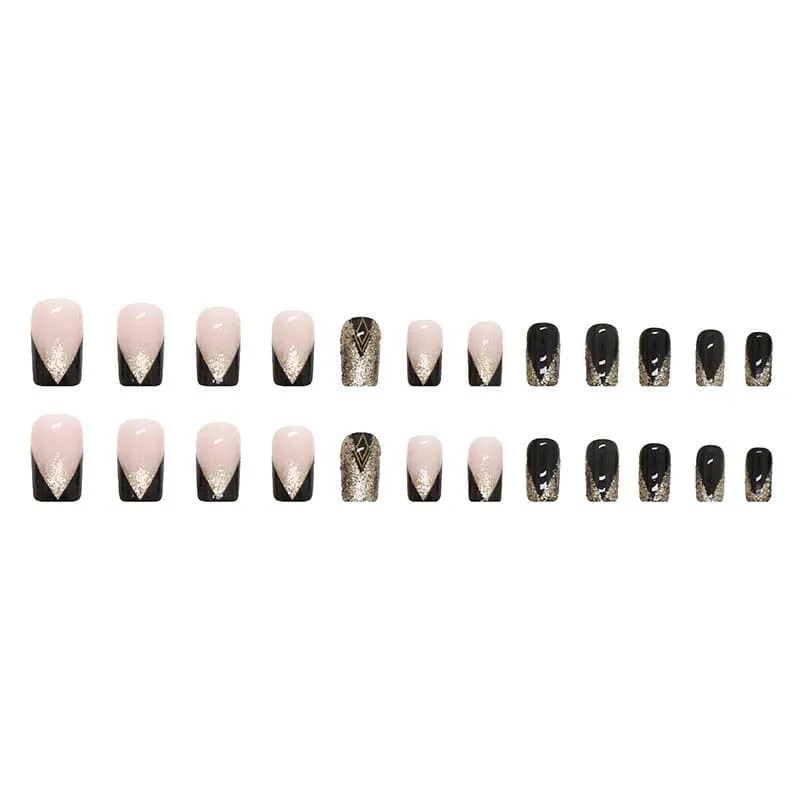 Nailhour 24Pcs French Gilded Black Short Square Press On Nails