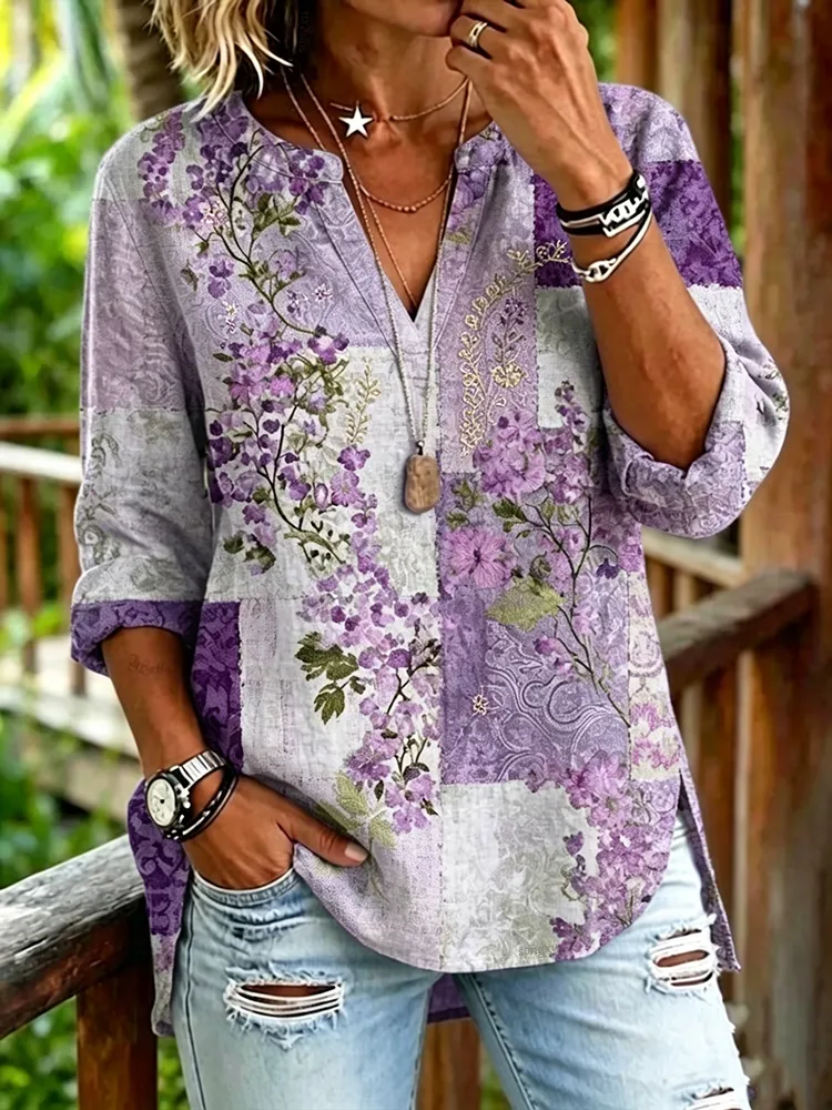 Women'S Casual Floral Embroidered V-Neck Top