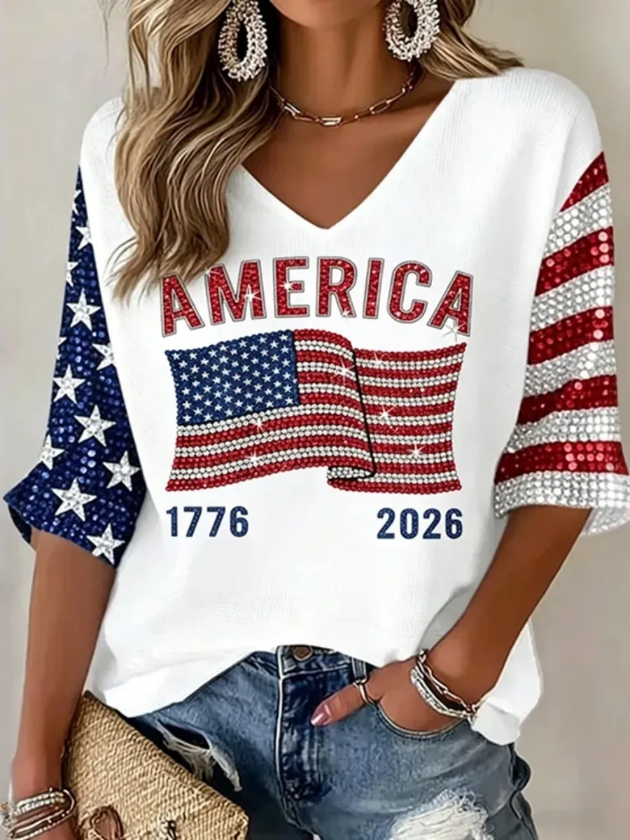U.S. 250th Anniversary Flag Art Linen Long-Sleeve V-Neck Shirt