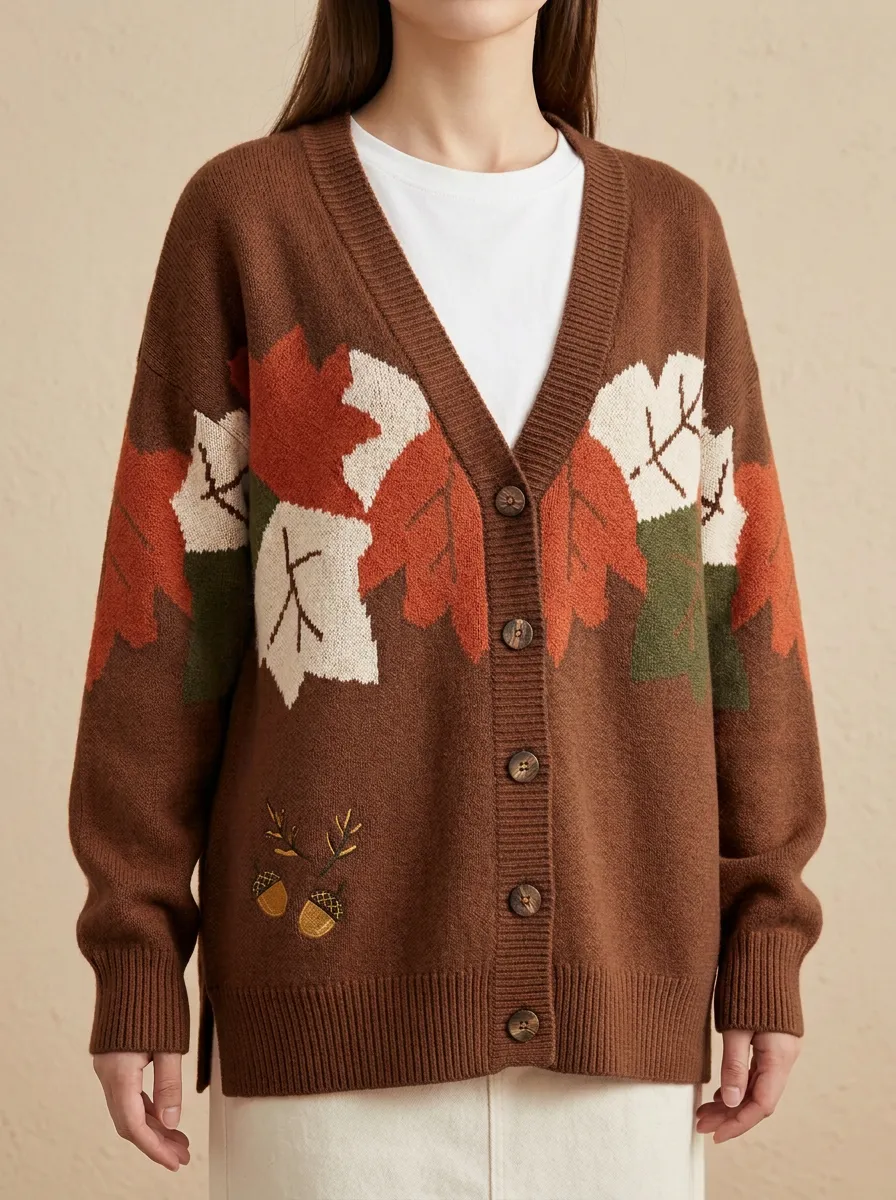 Maple Leaf Acorn Pattern Patterned Women's Knit Cardigan