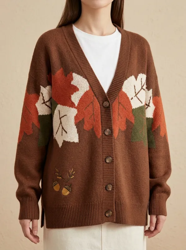 Maple Leaf Acorn Pattern Patterned Women's Knit Cardigan