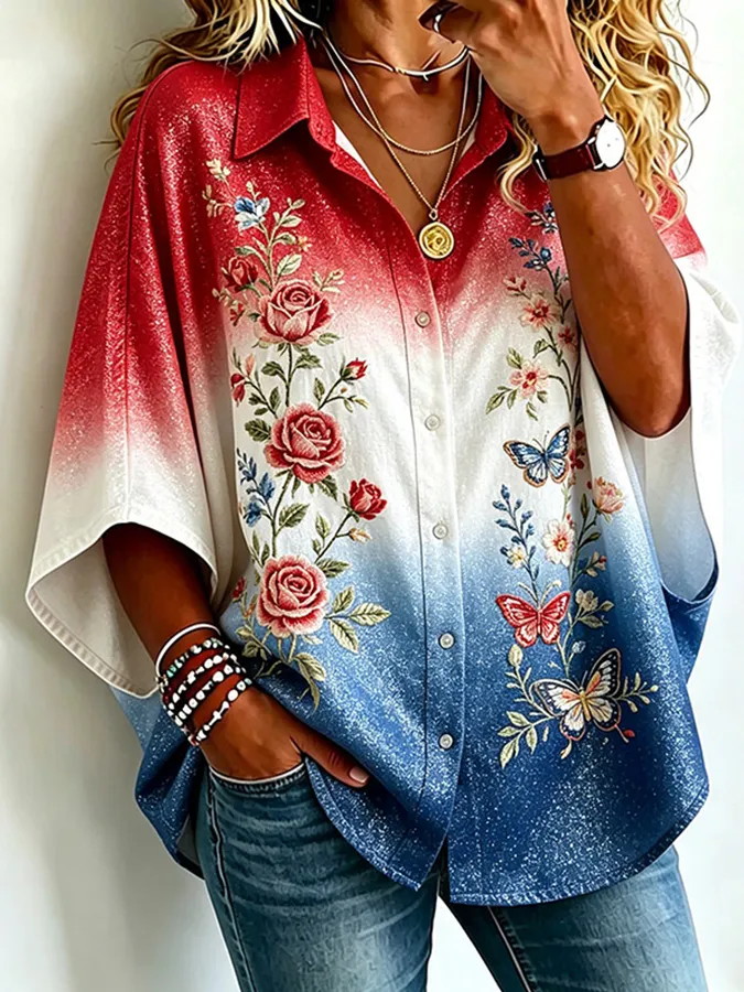 Women's 250th Anniversary Floral Art Print Casual Shirt