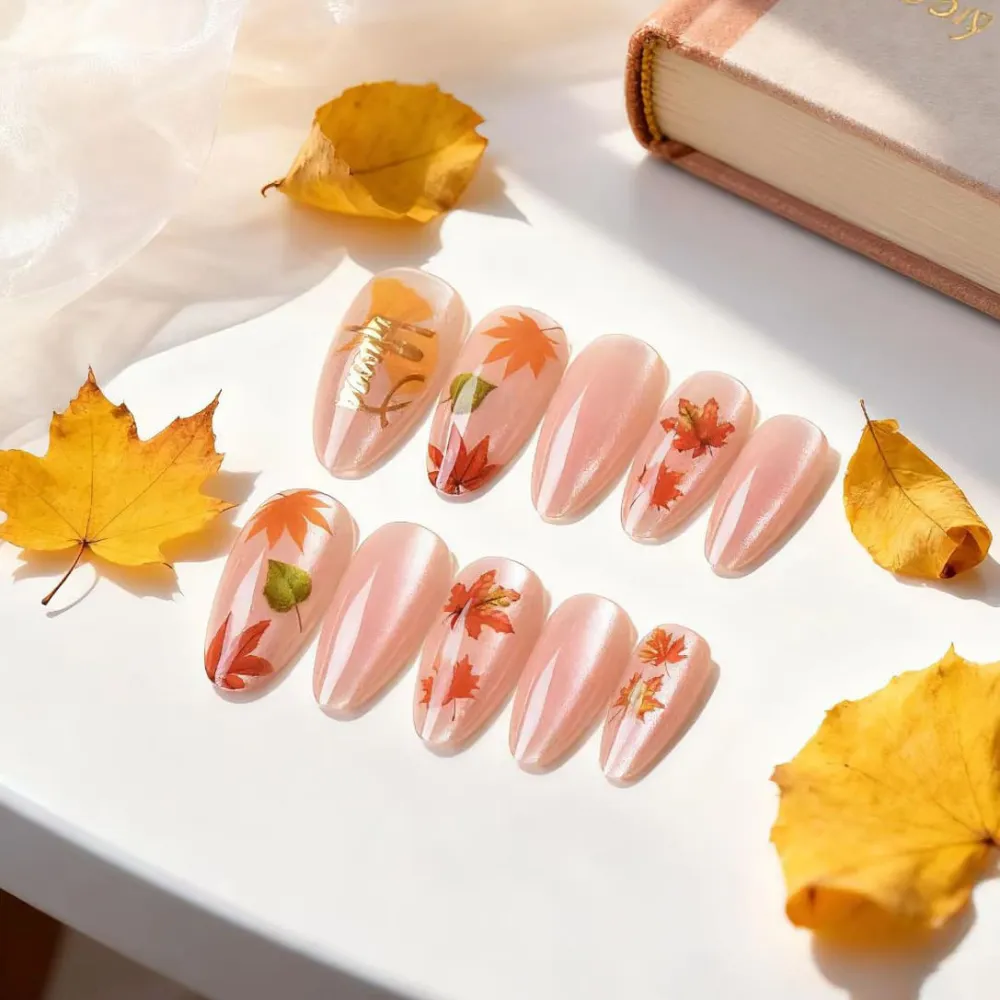 Nailhour 24Pcs Autumn Cat Eye Gilded Medium Almond Press On Nails