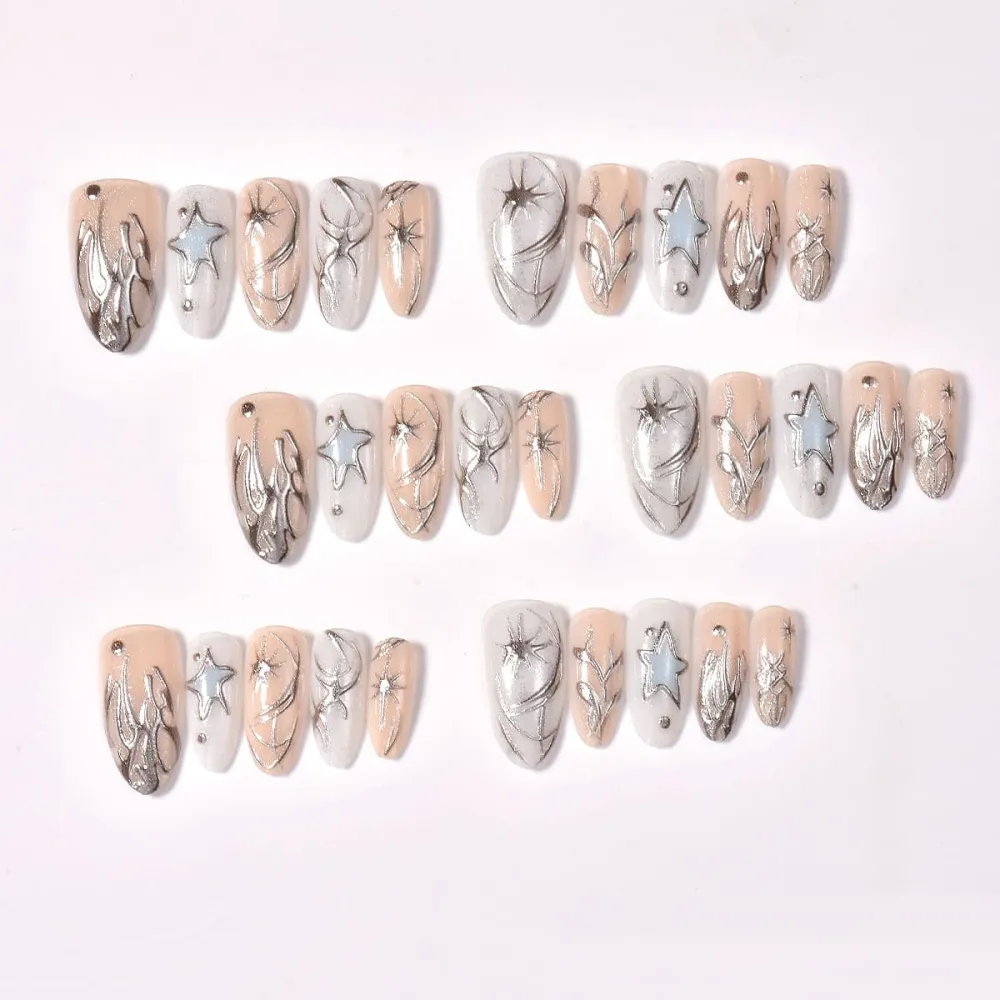 Nailhour 30Pcs Floral 3D Medium Almond French Press On Nails