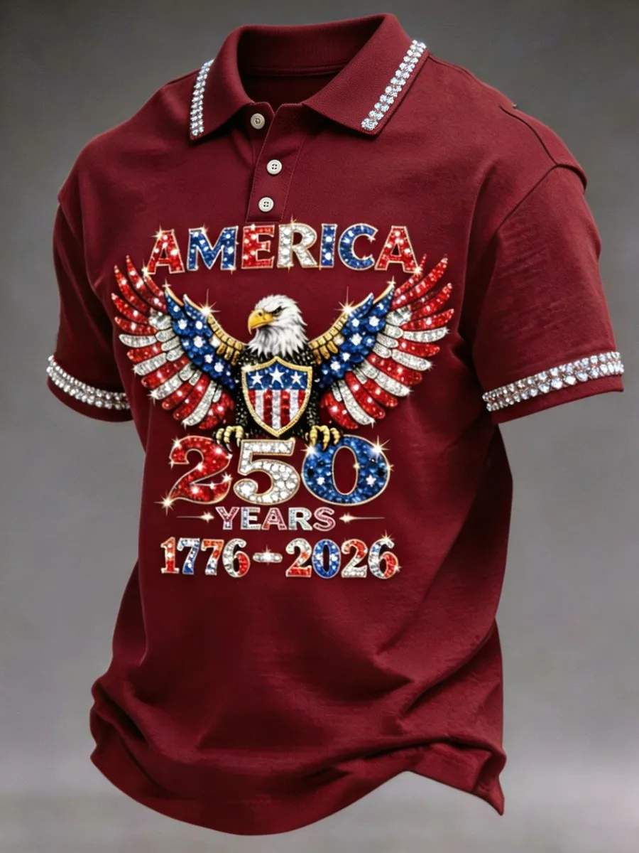 American 250th Anniversary Rhinestone Design Men's Polo Shirt