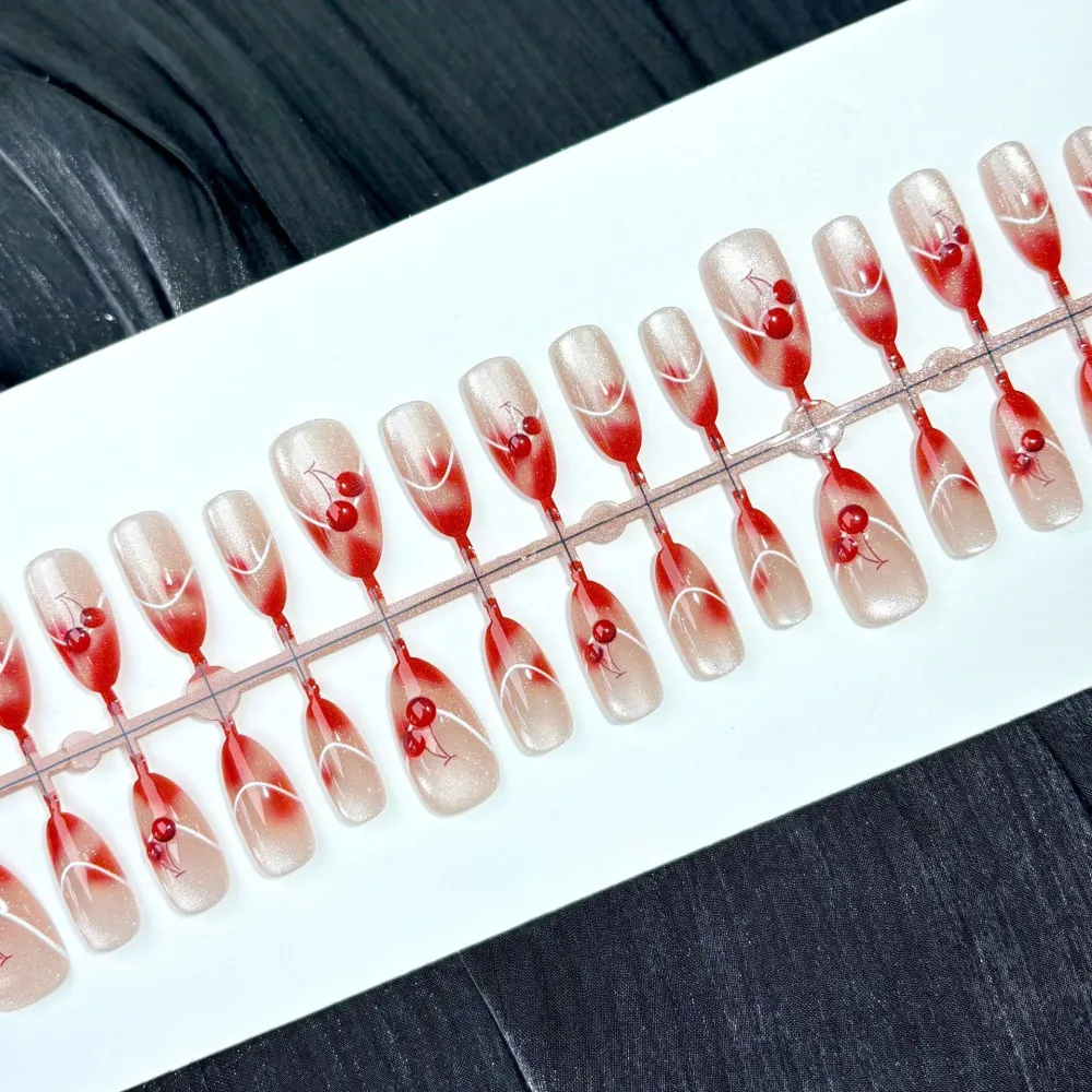 Nailhour 30Pcs Cat Eye 3D Cherry Medium Almond French Press On Nails