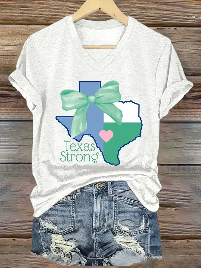 V-Neck Retro Texas Strong Bow Print Short Sleeve T-Shirt